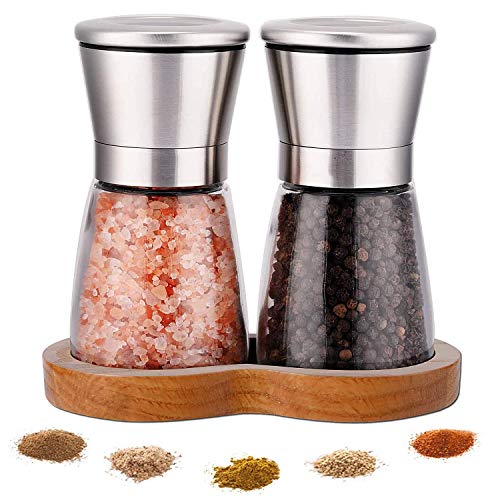 LessMo Salt and Pepper Grinder Set with Wooden Standing Tray, Refillable Pepper Mill Set - Brushed Stainless Steel - Sho