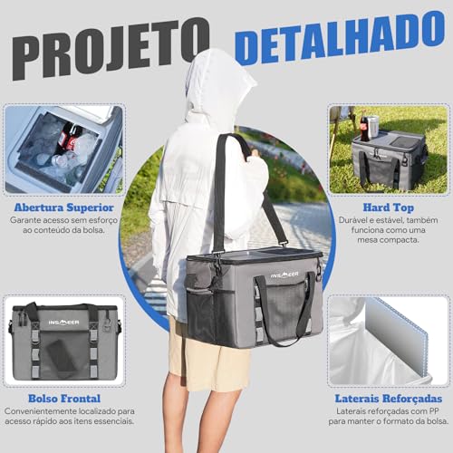 INSMEER Bolsa Termica Grande de Capota Rígida com 2 Porta-Copos, Saco Refrigerador Dobrável - 70 latas, À Prova de Vazamentos/Portátil Cooler Termico para Praia, Acampamento, Churrasco, Eventos