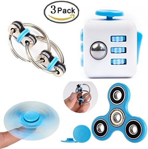 Meanleaf 3 Pack Fidget Toys,Hybrid ceramic bearing Fidget tri-Spinner,Fidget Cube,Bike Fidget Chain for ADD ADHD Stress And Anxiety Relief(Blue Set)
