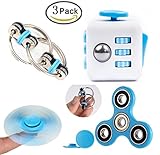 Meanleaf 3 Pack Fidget Toys,Hybrid ceramic bearing Fidget tri-Spinner,Fidget Cube,Bike Fidget Chain for ADD ADHD Stress And Anxiety Relief(Blue Set)