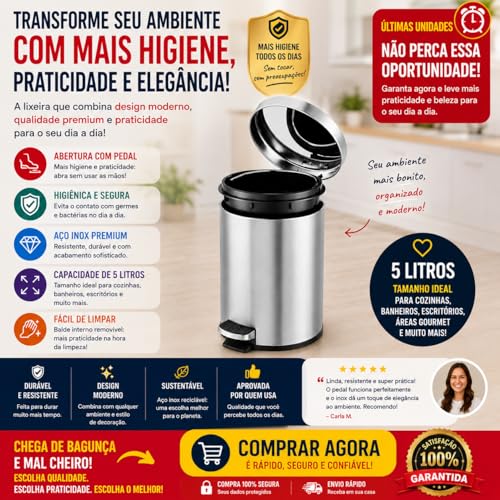 Lixeira Redonda Com Pedal 5 Litros Aço Inox Para Banheiro E Cozinha