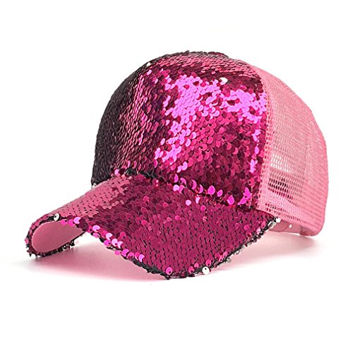 Paymenow Baseball Cap for Women, Girls Sequins Messy Outdoor Trucker Hat Ponytail Adjustable Ponytail Holder Visor Snapback (Hot Pink)