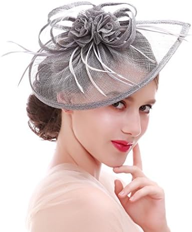 YCABJ Feather Sinamay Fascinator Headband Kentucky Derby Hats For Women (Silver Grey)