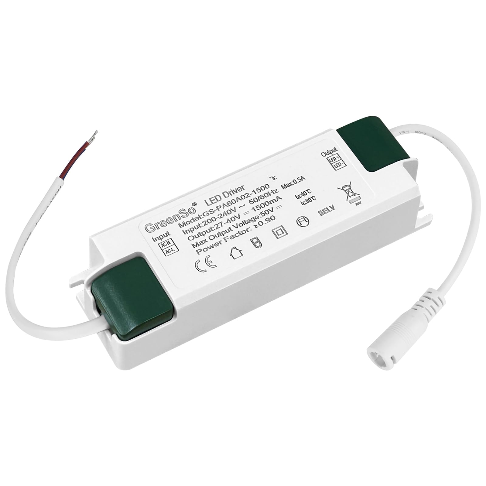GreenSo 60W LED Driver Power Supply 200-240Vac to 27-40Vdc 1500mA Constant Current, Transformer for Recessed Ceiling Flat LED Panel Lights 60x60, 120x30, 120x60cm, GS-PA60A02-1500, TUV CE CB
