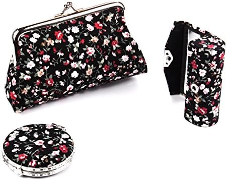 Ezeso 3 in 1 Floral Cosmetic Organizer Lipstick Mirror Butterfly Kiss-Lock Case Set,Womenโs Embroidery Coin Purse Holder Storage Gift Kit (Black)
