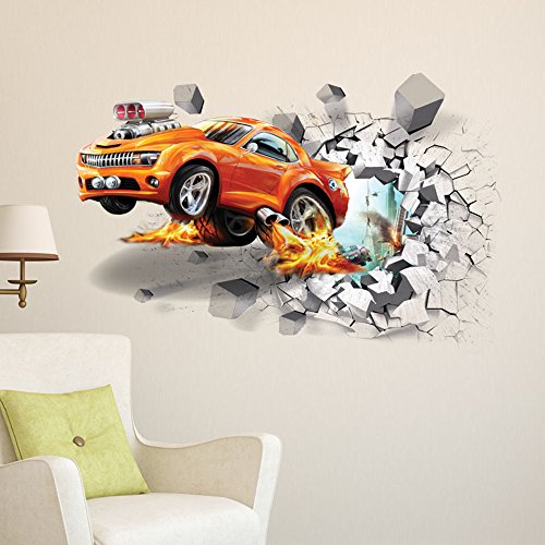 Home Wing 3D Wall Sticker Car Break Through The Wall Removable Room Decor 3D Wall Decals for Kids Boys 19.7 x 27.5 Inch