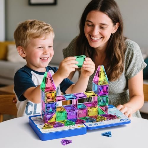 Magnetic Building Blocks Travel Toy, 60-Piece Magnetic Tiles Travel Set with Iron Box, Creativity Mini Magnetic Tiles Sensory Toy Birthday Gift for Children 3 4 5 6 Years
