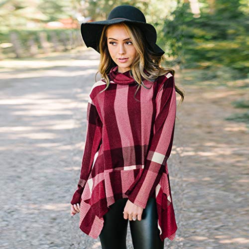 TIFENNY Women's Roll-Neck Plaid Stripe Pullover Spring Long Sleeve Irregular Hem Tops Blouse Shirt Sweatshirt Red - Thumbnail 2