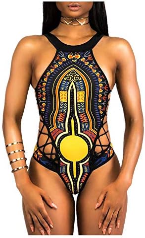 Kimloog One Piece African Print Monokini Women Swimsuit High Cut Padded Bandage Beachwear