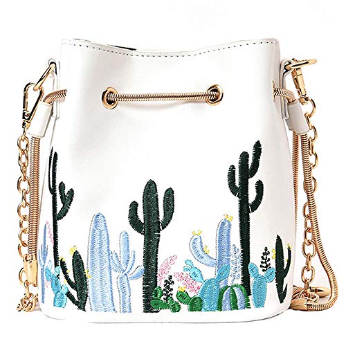 LA HAUTE Womens Elegant Pu Leather Drawstring Bucket Bag Cactus Embroidery Shoulder Purse Mini Chain Crossbody Bag, White
