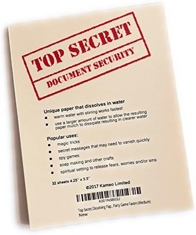 Top Secret Dissolving Paper Note Pad – Water Soluble and Disappearing Paper for Magic Tricks, Secret Agent Spy Party Game Favors (Medium)