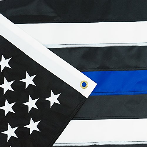 Black White Thin Blue Line American Flag 3x5Ft Heavy-Use Nylon w/ Embroidered Stars & Sewn Stripes - Deluxe Fa