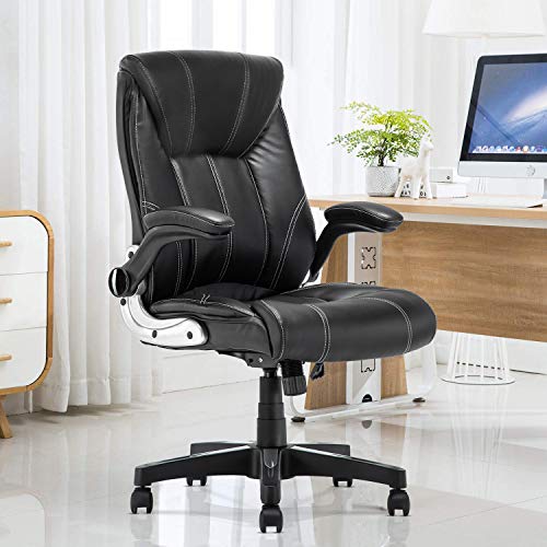 YAMASORO Leather Executive Office Chair Flip up Arm Rests,Ergonomic Chair Comfortable Massage,Computer Desk Chairs Black Task Chair with Wheels for Home Office