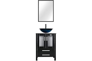 eclife 24" Modern Bathroom Vanity Sink Combo Black Stand Cabinet with Turquoise Square Tempered Glass Vessel Sink & Water Save Faucet & Pop Up Drain (A10)