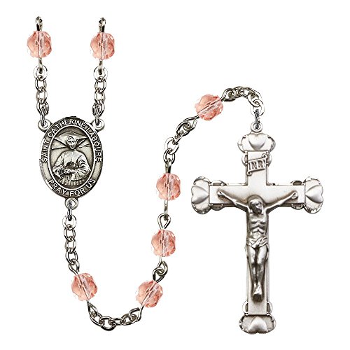 St. Catherine Laboure Silver-Plated Rosary 6mm October Pink Fire Polished Beads Crucifix Size 1 5/8 x 1 medal charm