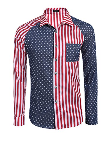 Coofandy Men's Raglan Sleeve Fashion Shirts American Flag Casual Button Down Dress Shirt Red Medium