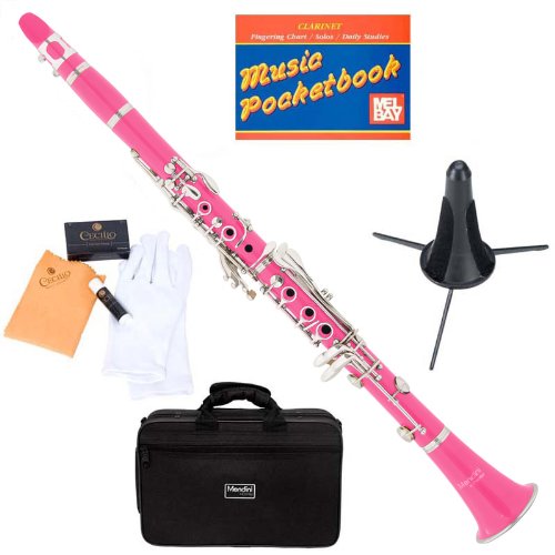Mendini MCT-PK+SD+PB Pink ABS B Flat Clarinet with Case, Stand, Pocketbook, Mouthpiece, 10 Reeds and More