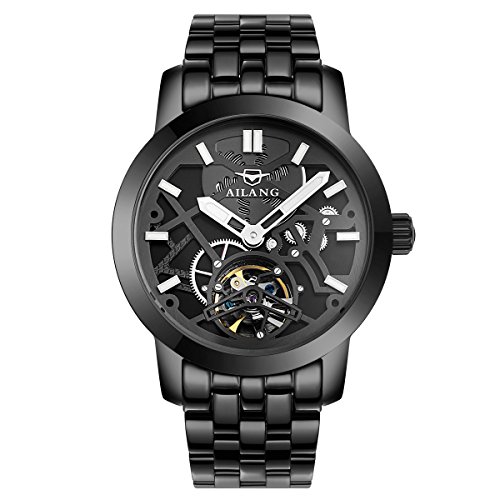 AILANG AI6811L Men's Steampunk Black Skeleton Self-Winding Auto Mechanical Wrist Watch (Stainless steel Black)
