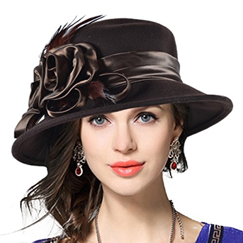 Women's Wool Church Dress Cloche Hat Plumy Felt Bucket Winter Hat (Floral-Brown)