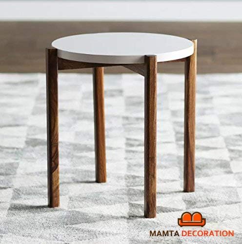 Mamta Decoration Sheesham Wood Round Curve Shape Bed Side End Table for Living Room | Office | Brown & White