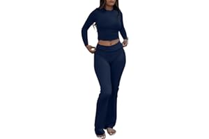 AYWA Women's 2 Piece Outfits Foldover Flare Pants Long Sleeve Crew Neck T-shirt Fitted Pajama Sets