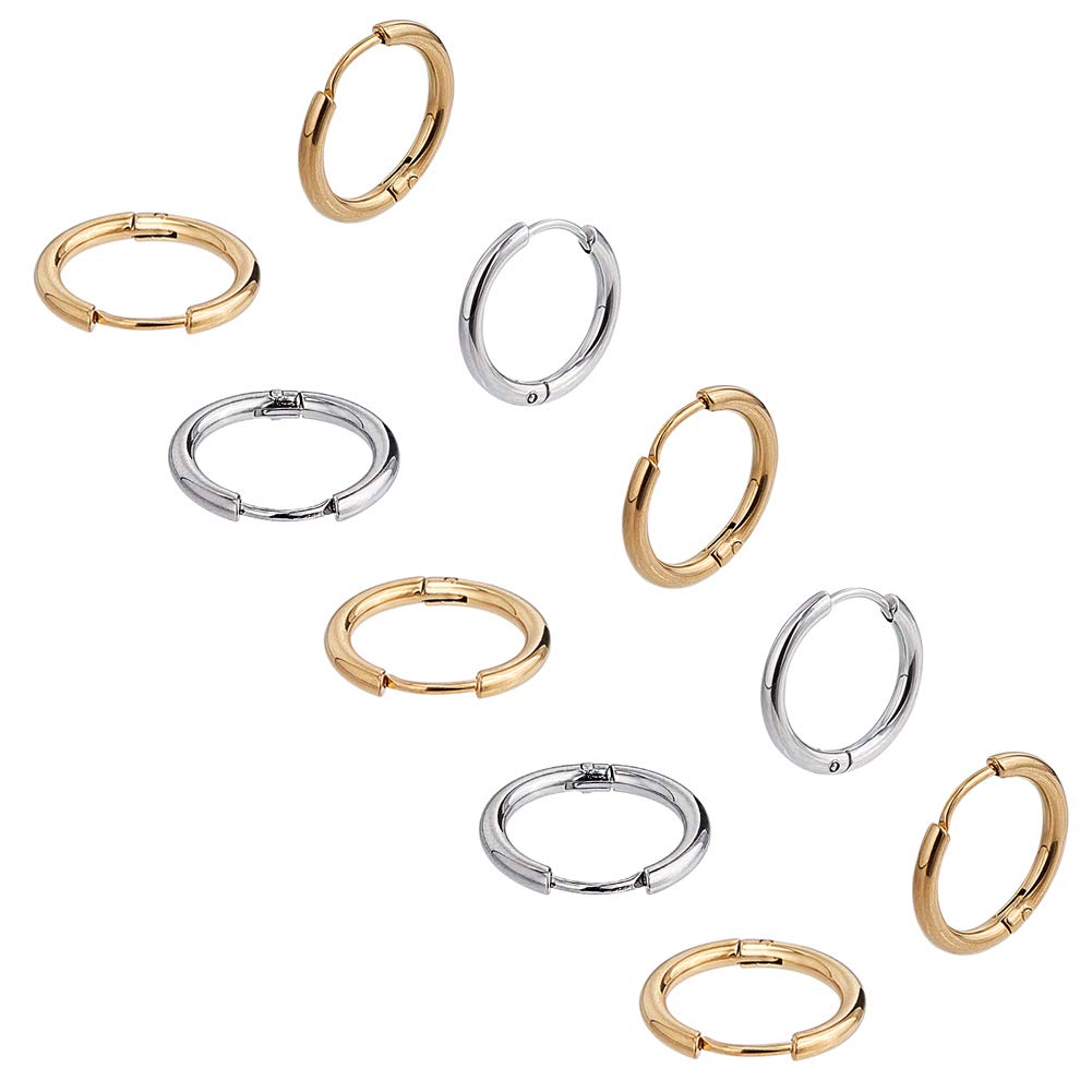 UNICRAFTALE Hand Polished Hoop Earrings 8 Pairs 16mm Stainless Steel Hoop Earrings 0.7mm Pin Golden & Stainless Steel Color Earwires Components for DIY Earrings Jewelry Making