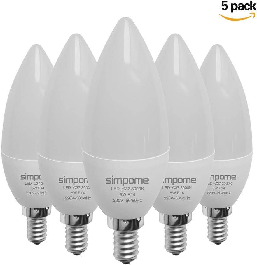 Simpome 5W E14 LED Warm Glow Candelabra light Bulb(5 Pack), C37 40W Incandescent Bulb Equivalent, Warm White 3000K LED Light bulbs, 400Lumens, Not Dimmable