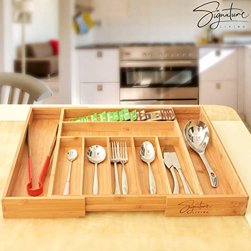 Signature Living Bamboo Expandable Utensil Drawer Organizer, Premium Bamboo for Cutlery, Flatware, Silverware - Drawer Dividers for Easy Storage (7-9 Slots)