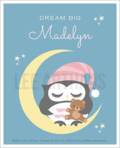 149P "Dream Big" Personalized Name Baby Girl Owl Sleeping on Moon UNFRAMED Wall Art Print by Lee ArtHaus