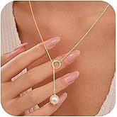 Long Pearl Lariat Necklaces for Women,925 Sterling Silver Single Pearl Drop Y Necklace to Daughter 14k Gold Plated Dainty Pearls Pendant Sliding Necklace Round Snake Chain Sweater Chain Valentines Jewelry Gift