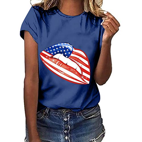Sanyyanlsy Women's Plus Size Cartoon Mouth-Shaped Stars and Stripes Print T-Shirt Tank Tops Vest Short Sleeve Blouse Navy