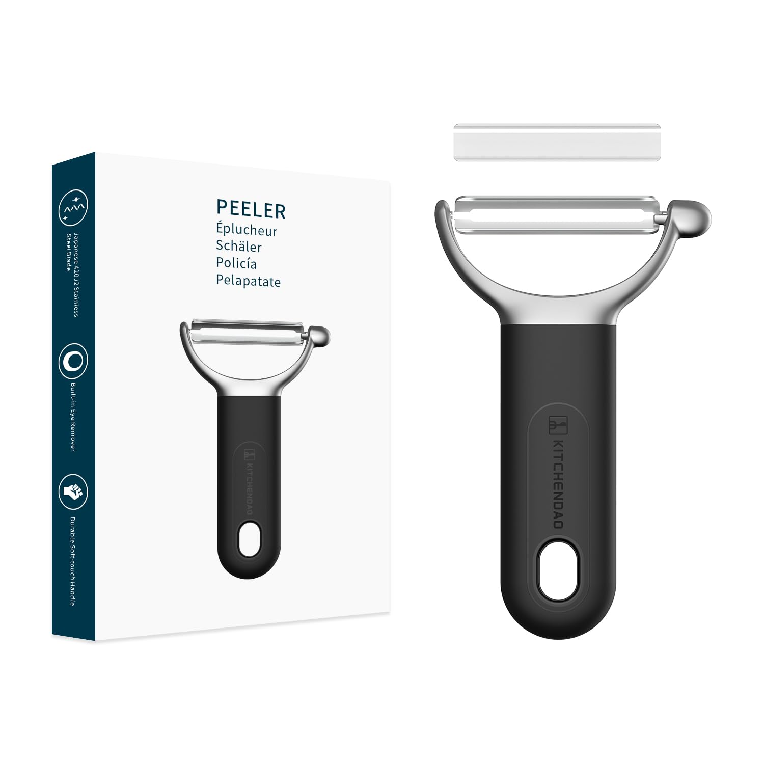 KITCHENDAO Swivel Vegetable Peeler for Kitchen - Japanese 420J2 Stainless Steel Sharp Dual Durable Blade-Built-in Potato Eye Remover, Ergonomic Soft-Touch Handle-Dishwasher Safe-Black