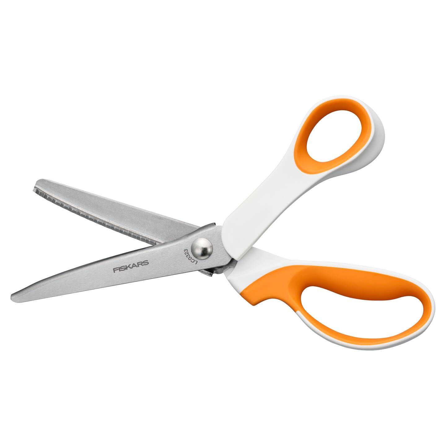 Fiskars pinking shears, length: 24.2 cm, right-handed, stainless steel blade/plastic handles, white/orange, SoftGrip, 1070024