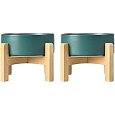 SPUNKYJUNKY Ceramic Elevated Dog Bowls 2 Pack - 5.1inch Raised Dog Bowls with Non-Slip Wooden Stand for Small Dogs Dishwasher Safe(Green,13.5OZ*2)