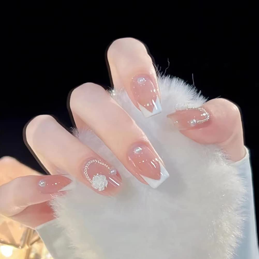 Carufin 24Pcs Camellia Pearl Gold Leaf Acrylic False Nails Artificial False Nails for Women Girls (C)