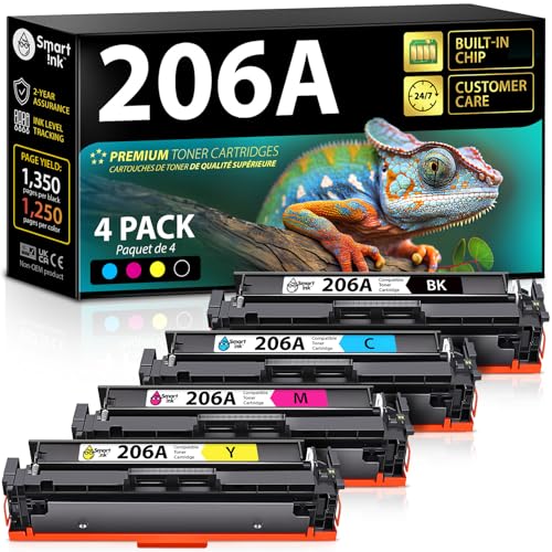 Smart Ink Compatible 206A Toner Replacement for HP 206A Toner Cartridges 4 Pack 206X with Chip to use with Color Laserjet Pro MFP M283fdw M283cdw Laserjet Pro M255dw M255nw (Black Cyan Magenta Yellow)