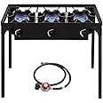 Bonnlo 3 Burner Outdoor Portable Propane Stove Gas Cooker, Heavy Duty Iron Cast Patio Burner with Detachable Stand Legs for Camp Cooking (3-Burner 225,000-BTU)