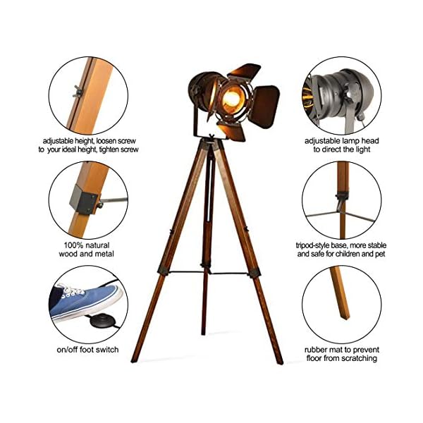 Barcelona LED Vintage Stehleuchte Tripod Stehlampe Deckenfluter im Cinema Stil, mit Dreifuß aus Holz Stativ Holz… – Bild 7
