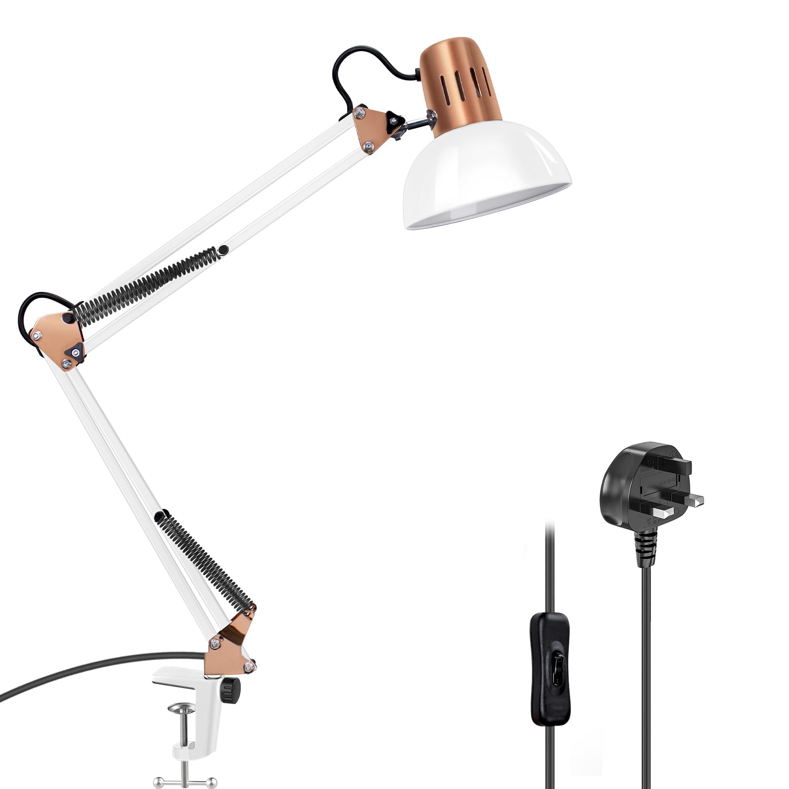 Milpoel Desk Lamp, Metal Swing Arm Table Lamp, E27 Desk Lamp, Clip on Light, Classical Swing Arm Architect Lamp, Adjustable Desk Light for Office, Reading, Bedroom, Crafts (White)
