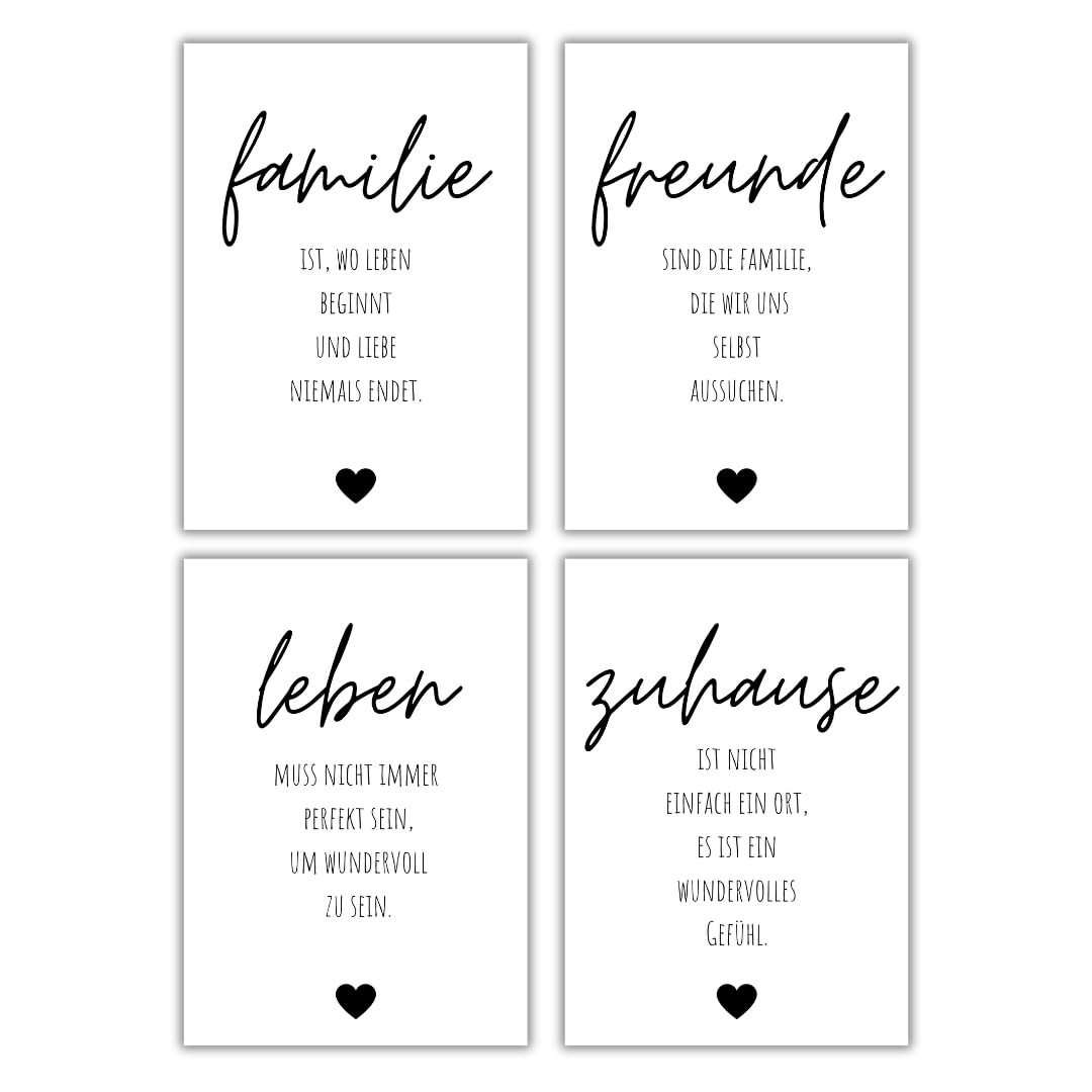 Freyheit Premium poster set, stylish set of 3 for living room or bedroom in black and white, 4 pieces in DIN A4 (21 x 30 cm), without picture frame » Family«