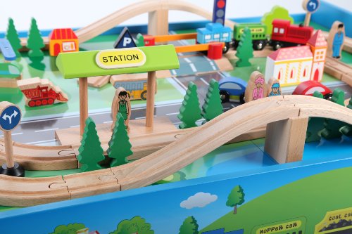 point-kids Holzeisenbahn Spielzeugeisenbahn Lok Waggon Brücke Figuren Schienen Set 70 Teile – Bild 3