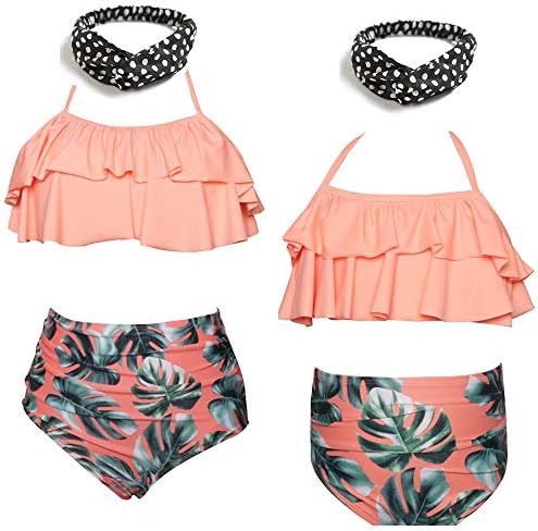 High Waisted Mother and Daughter Swimwear Matching Family Mommy Girls with Headband