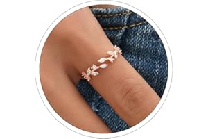 ONBRIG 18K Gold Plated Ring Open Adjustable Ring Cubic Zirconia Leaf Ring for Women Dainty Stackable Rings for Women