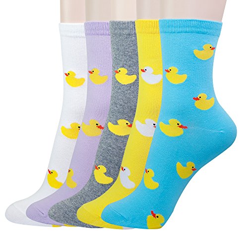 KONY 5 Pack Women's Cute Animal Socks Cotton Cat Dog Duck Patterned Novelty Fun Crew Socks Gift Size 6-9