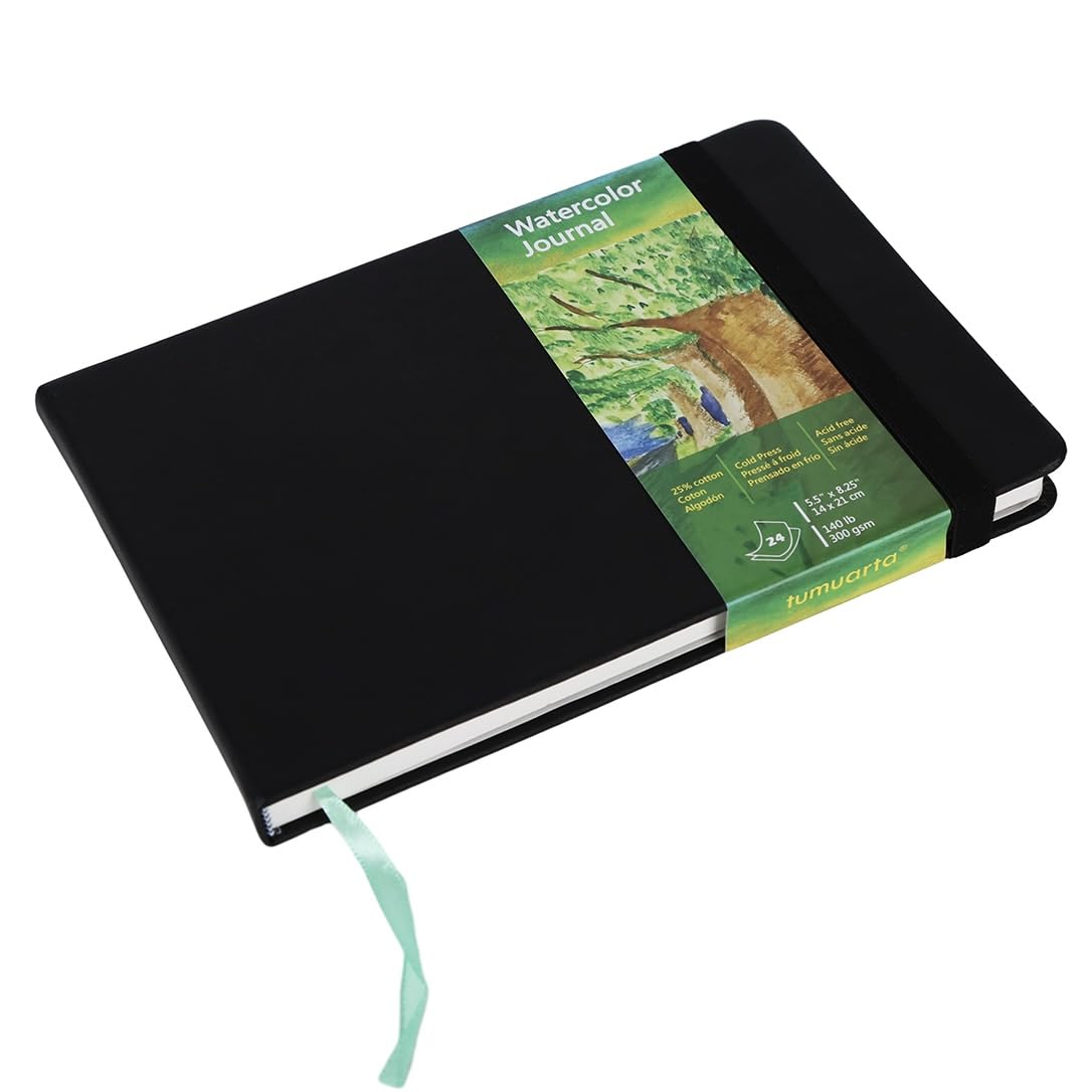 tumuarta Watercolor Journal, 14X21 CM, 300 GSM, 25% Cotton Paper, Cold Press, 24 Sheets, 48 Pages, Watercolor Paper Sketch Books for Use As Travel Mixed Media Pad On The Go (Black, 14 X 21 CM)