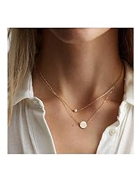 Dainty Disc Chokers Necklace Layered Circle Neckalce Bar Y Pendant Necklace 14K Real Gold Plated Necklace for Women