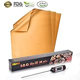 WEDNA 3 Pcs of Copper BBQ Grill and Bake Mats + 1 Pack Digital Food Cooking Thermometer - Nonstick Reusable Golden Grill Mats Quality Guarantee