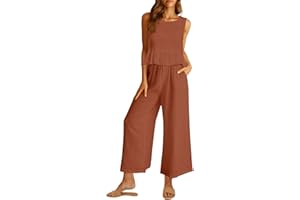 AUTOMET Womens Summer 2 Piece Outfits Linen Crop Tank Tops Lounge Matching Sets & Long Track Pants Tracksuits 2024