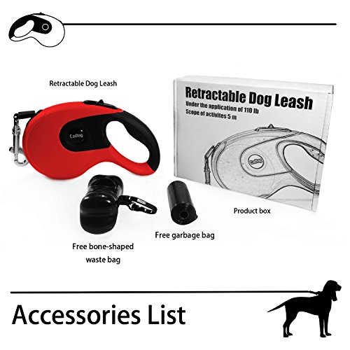 Cadtog Retractable Dog Leash,16 ft Dog Walking Leash for Medium Large Dogs up to 110lbs,One Button Break & Lock, Dog Waste Dispenser and Bags Included (Red)