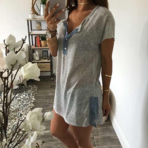 YANG-YI Women Loose Casual Button Blouse Short SleeveT-Shirt Tops (L)